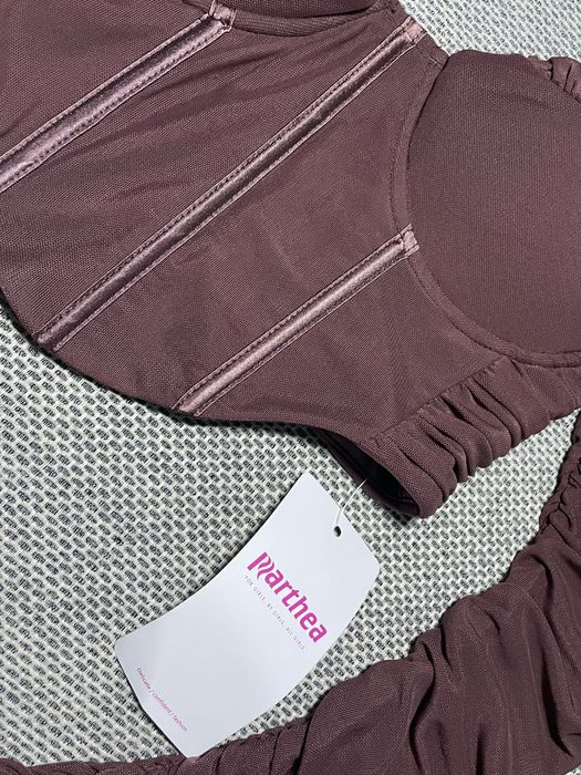 Коричневий корсетний топ з довгими сітчастими рукавами, xs