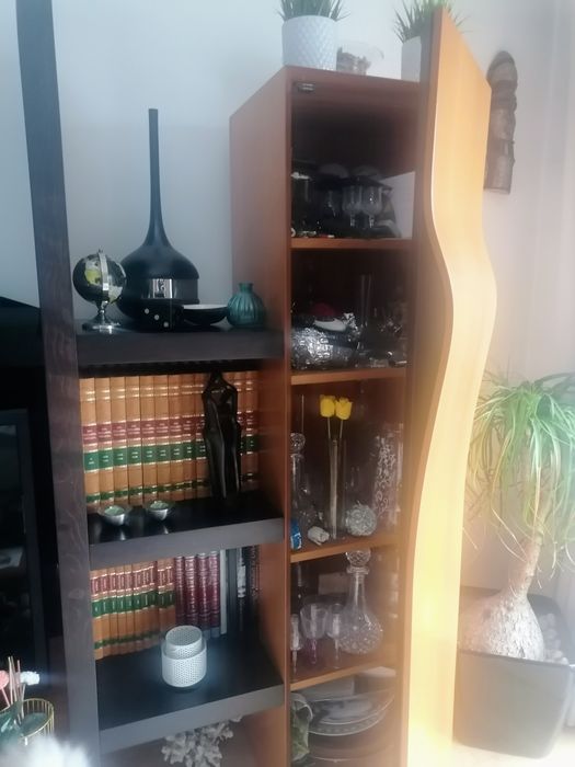 Móvel de TV em madeira e com vidro fosco preto