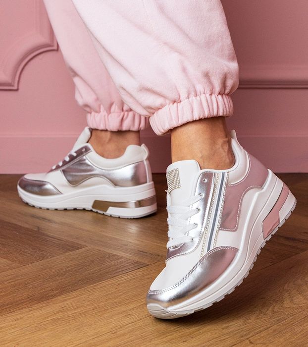 Białe sneakersy z cyrkoniami i metaliczną wstawką Garsi