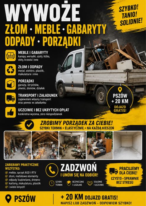 WYWÓZ MEBLI • Gabarytów • Złomu • Odpadów | PSZÓW +20 KM