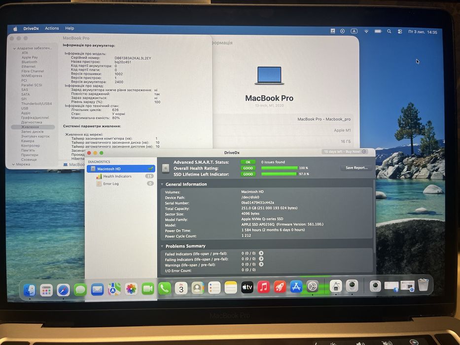 macbook pro m1 16 256 ssd health 97%