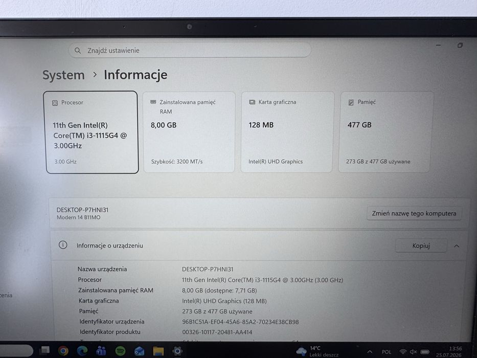 Laptop MSI Modern 14 | i3-1115G4 | 8GB RAM | SSD 500 GB