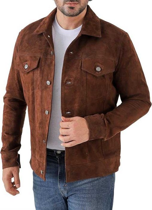 Casaco de homem clássico de couro estilo camionista couro e camurça premium