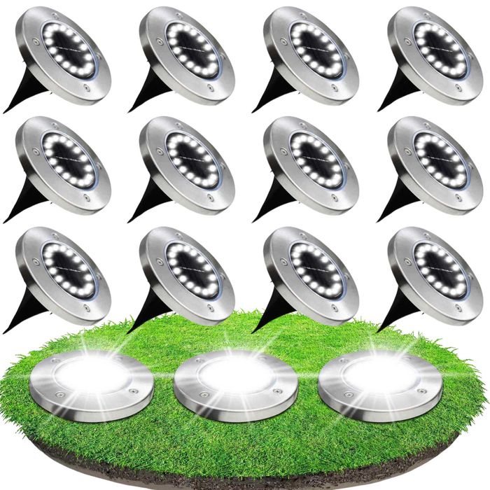LAMPA LAMPKI OGRODOWE Solarne Gruntowe Świecący DYSK 16 LED - 12 Sztuk