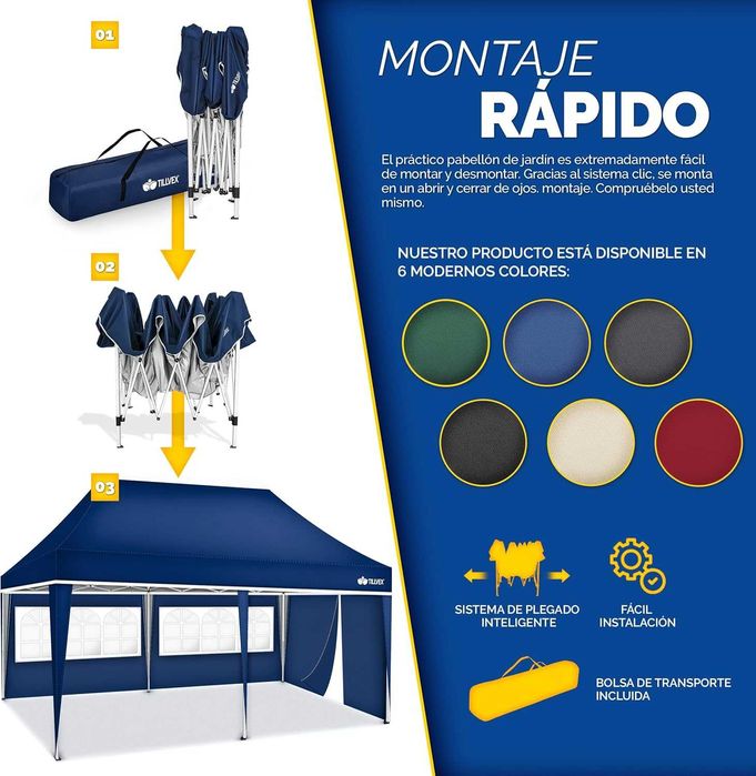 TENDA Gazebo dobrável tillvex, 3 x 6 m, com saco ( 3 painéis laterais)