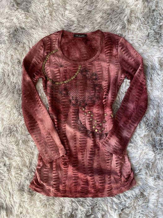 Bluzka z rozcięciami długi rękaw S 36 M 38 vintage 00s y2k zdobienia