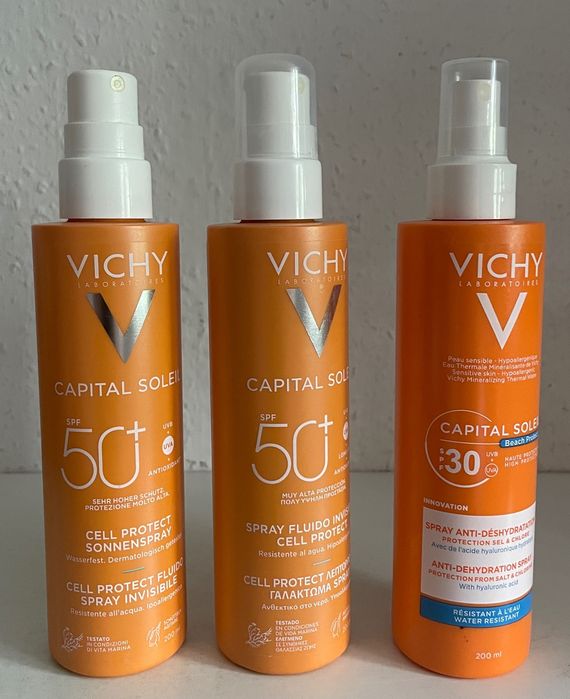 (116) VICHY Capital Soleil Spray Przeciwsłoneczny Cell Protect SPF30+/50+, 200ml, 3 sztuki, cena za całość