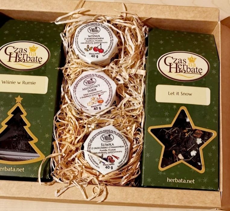 Nowy Super Zestaw Upominkowy 2 herbaty + 3 słoiczki miodu i dżemu