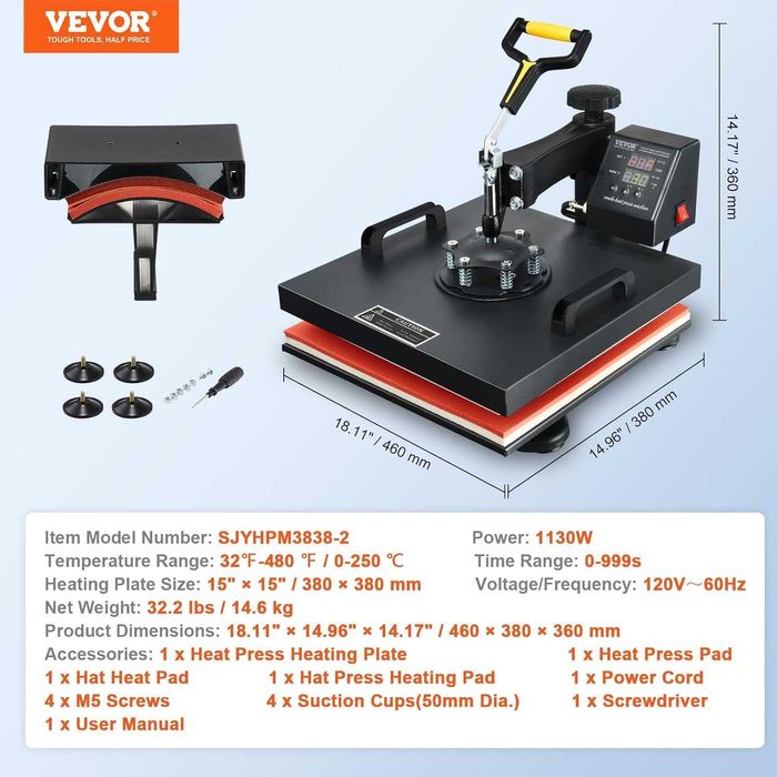 Prasa termotransferowa VEVOR 38X38 cm Sublimacyjna + dodatki