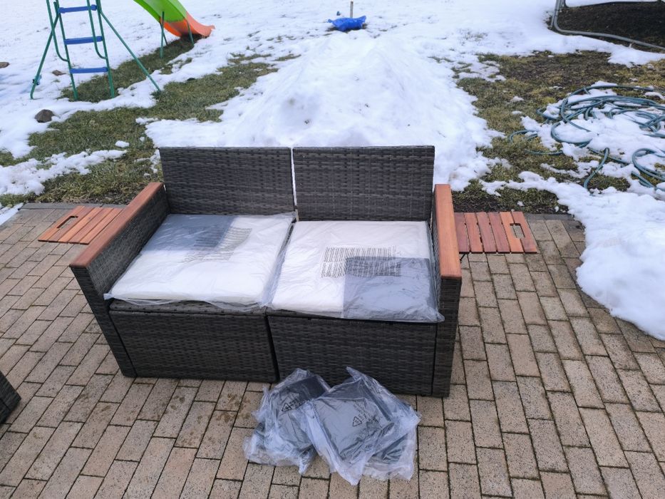 Nowe 2 sofy ogrodowe kanapy fotele modułowe z poduszkami rattan stolik