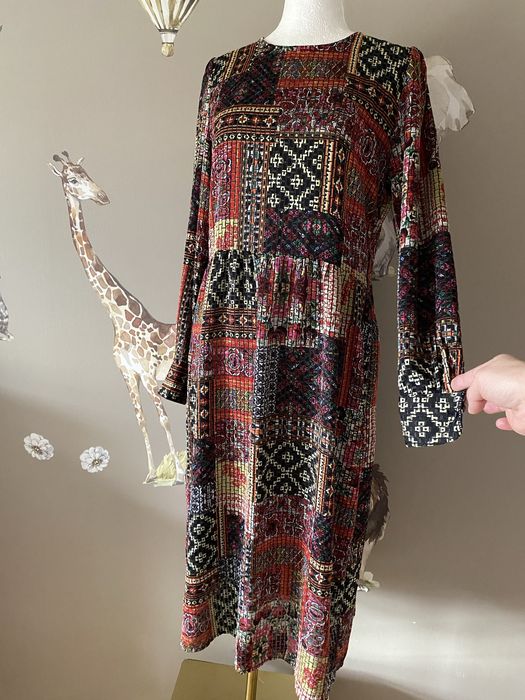 Kolorowa sukienka midi Zara boho etno patchwork, długi rękaw, S