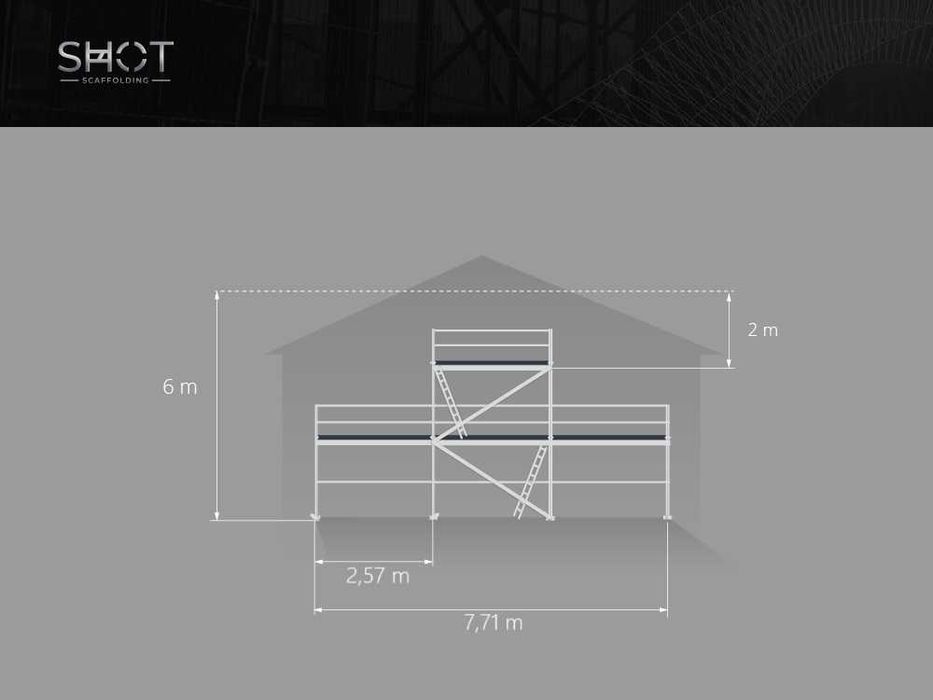 Rusztowanie na ścianę szczytową, podesty 2,57m typ Bauman na zaczepy