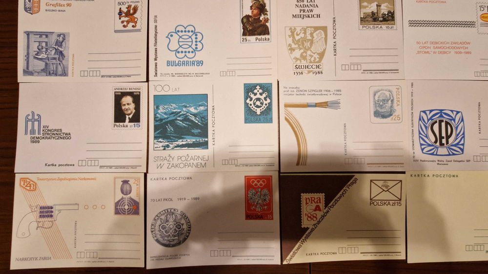 30 szt. czyste kartki pocztowe PRL (lata 80.) – całostki, zestaw