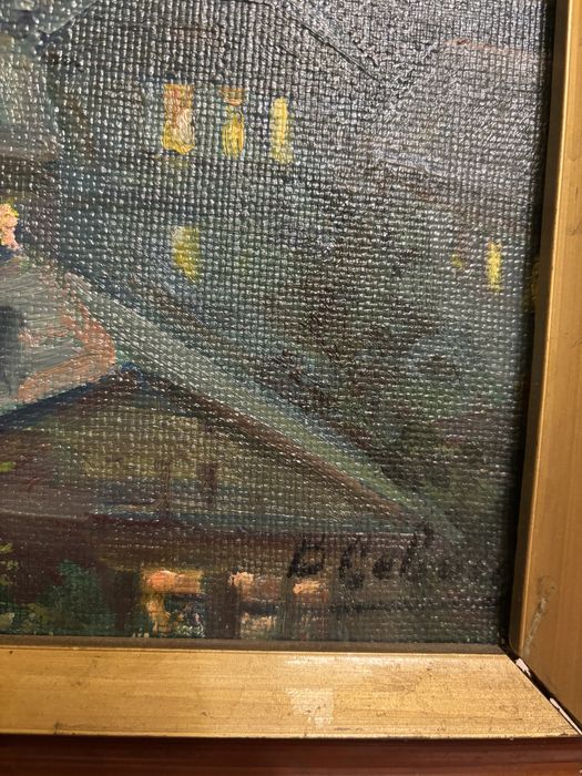 Obraz olejny – nocny pejzaż z bocianami, sygnowany – 58 × 41 cm