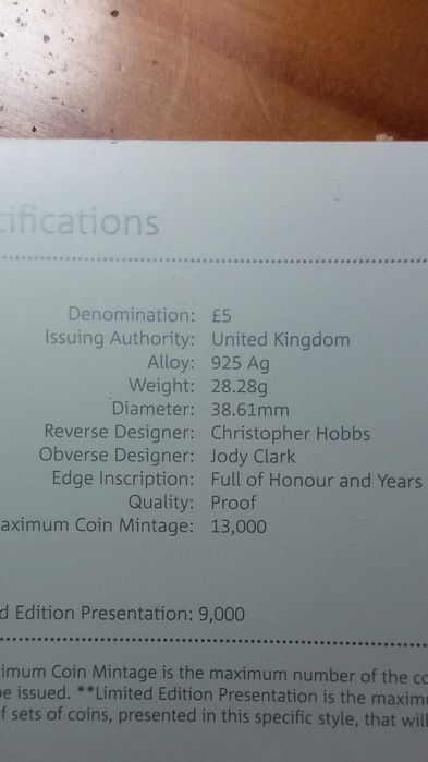 5 libras. 90 anos Isabel II. Prata proof 0,925. Rara.