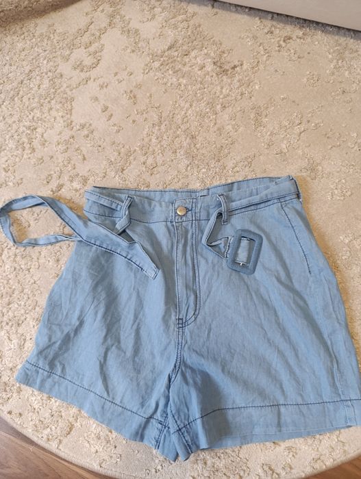 Szorty wysoki stan z paskiem jeansowe m L bawełna paperbag