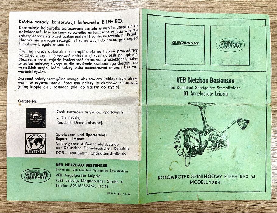 Stary kolowrotek kolekcjonerski GERMINA Rileh Rex 64 z 1984 roku