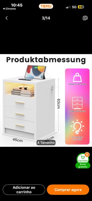 Mesa de cabeceira seminova 60x40x45( Led e carregador)