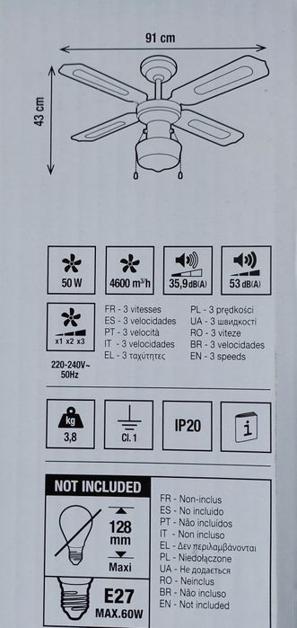 Lampa wisząca sufitowa z wentylatorem  E-27
