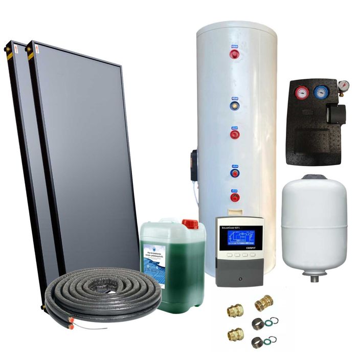 Zestaw solarny, 2 kolektory słoneczne płaskie, 200L zasobnik, promocja