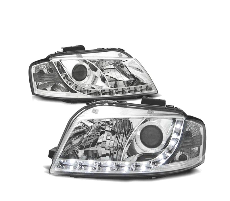 FARÓIS AUDI A3 8P 03-08 LUZ DIURNA LED FUNDO CROMADO