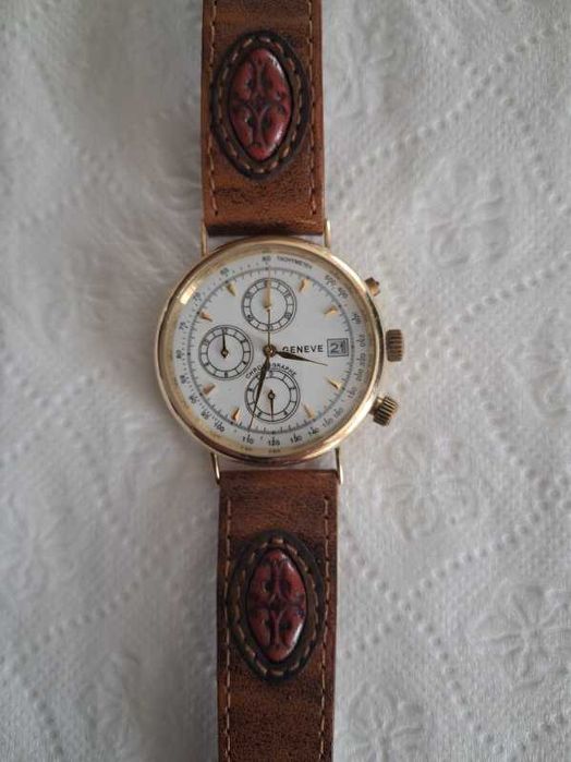 Złoty zegarek GENEVE Chronographe 14K / 585 - Kwarc - Nowy pasek