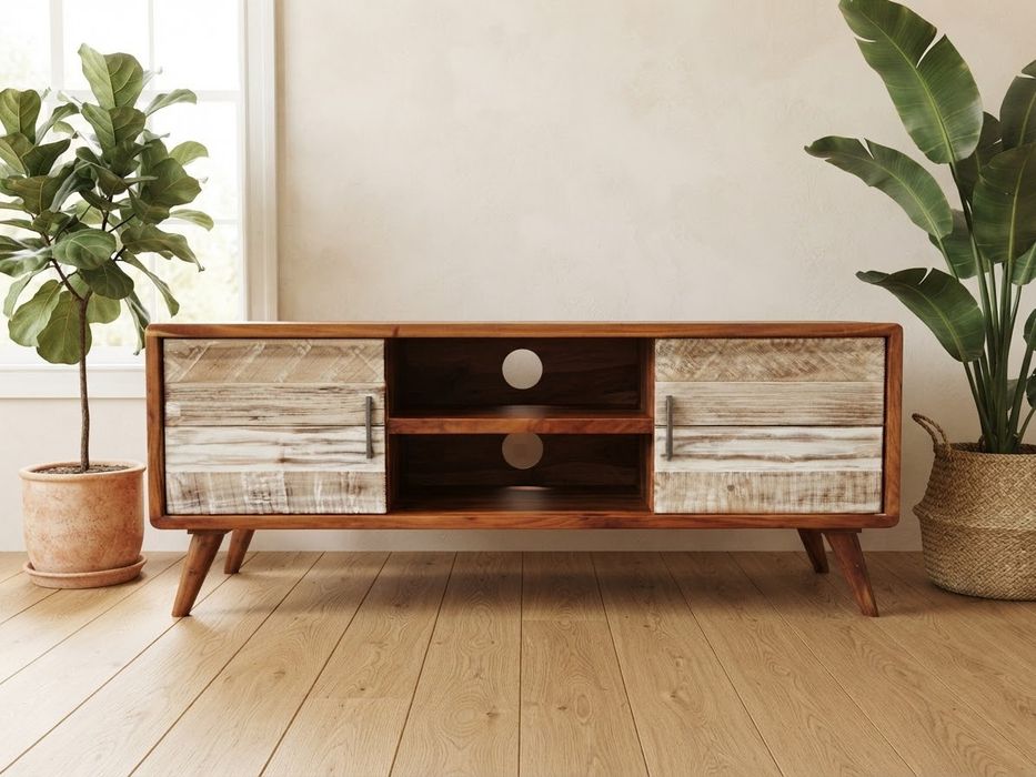 Komoda pod telewizor, szafka RTV, lite drewno egzotyczne/ 145 cm/  styl loft, vintage, kolonialny