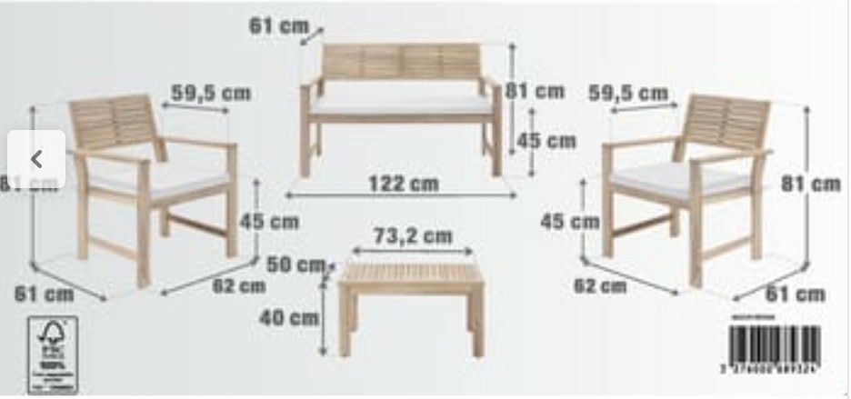 Conjunto de jardim em acácia, para 4pax, novo, já montado com almofada