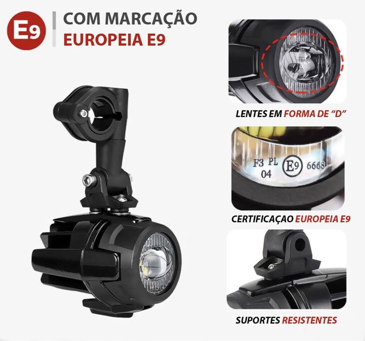 Faróis auxiliares homologados E9 - 40W LED para moto