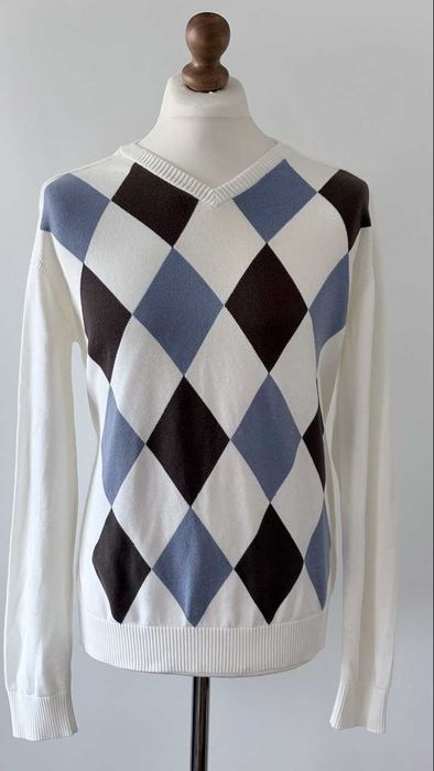 Męski sweter Race Marine L 100% bawełna romby argyle dekolt V-neck preppy yacht club