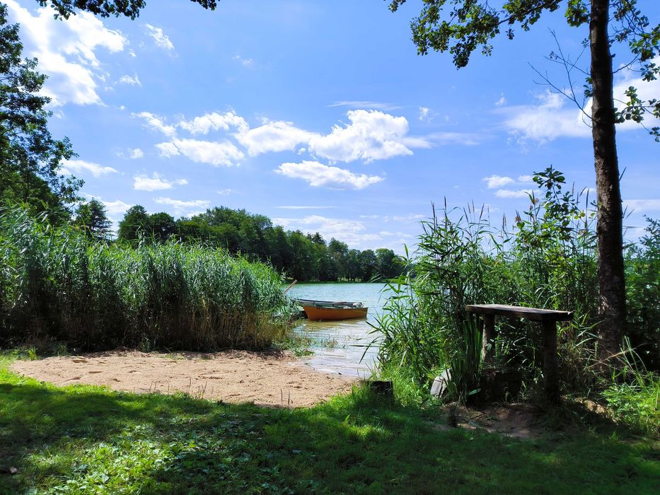 Domek letniskowy nad jeziorem Dadaj, linia brzegowa, pomost, łódki Nasy ...