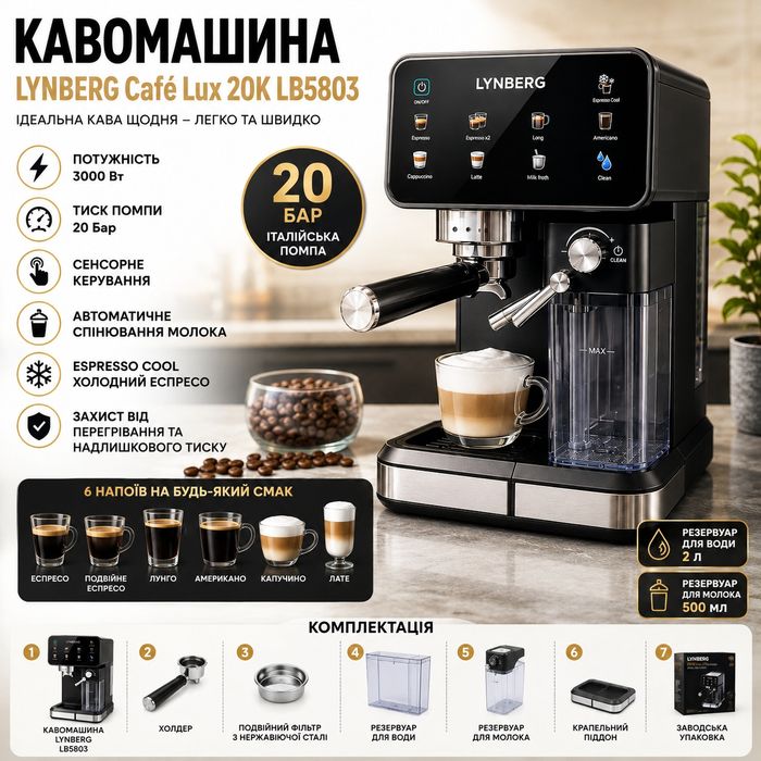 Кавоварка ріжкова автоматична з капучинатором 20 бар 3000 Вт