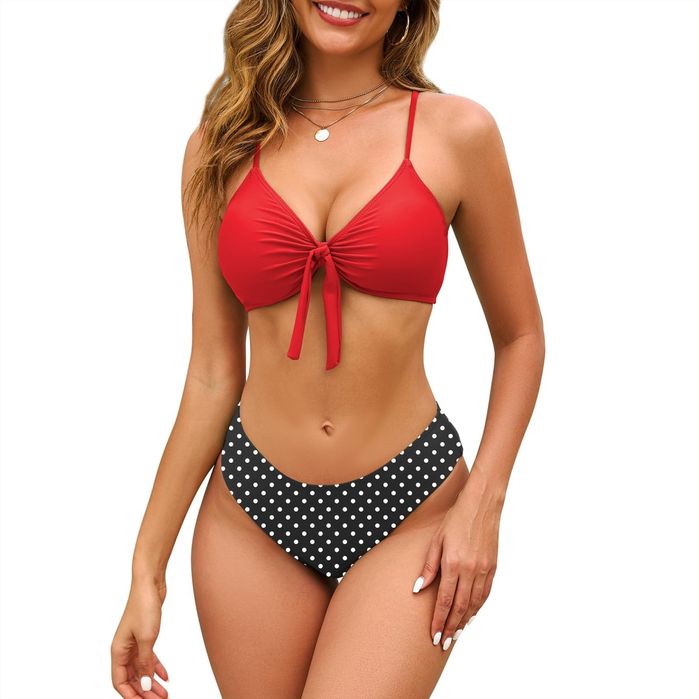 Damski bikini 2-częściowy czerwono-czarny, Push Up, wysoki stan, L