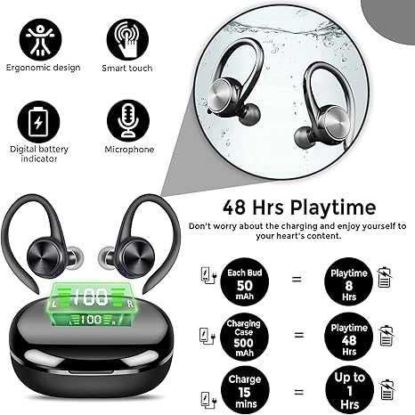 Słuchawki Bluetooth 5.3 Bezprzewodowe Wodoodporne IPX5 Mikrofon 825