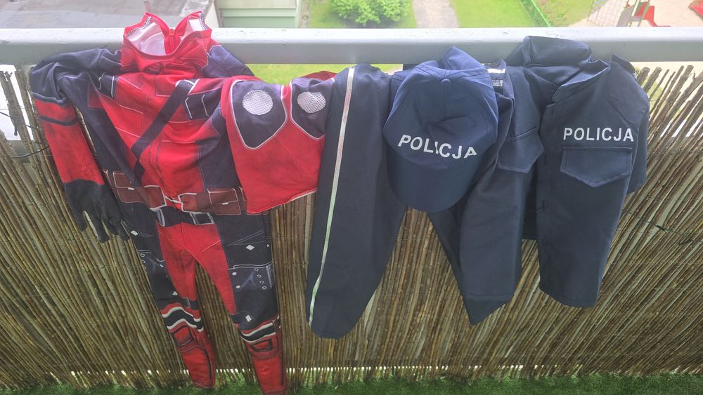Zestaw kostiumów dziecięcych: Hulk, Creeper, Kapitan Ameryka, Deadpool, Policjant + maski