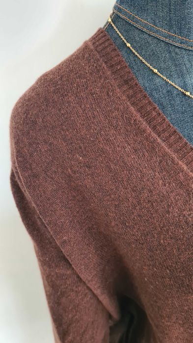 Kardigan sweter na guziki. Brązowy Czekoladowy. Kaszmir Wełna. L / XL