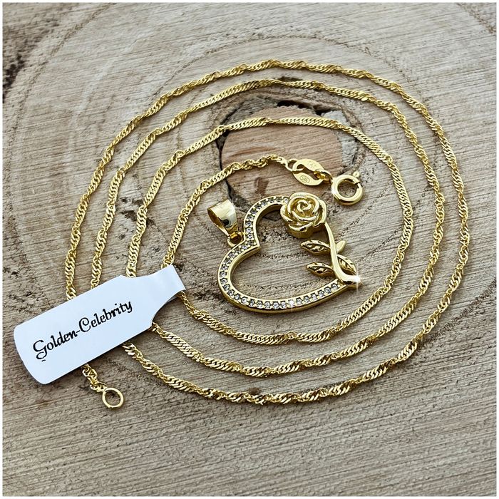 Złoty Damski Naszyjnik Serce 925/585 Łańcuszek Zawieszka + Róża Wieczn