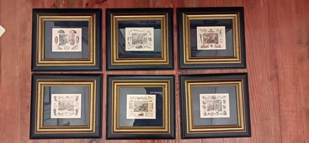 Seis litografias coloridas emolduradas de antigos ofícios/profissões.