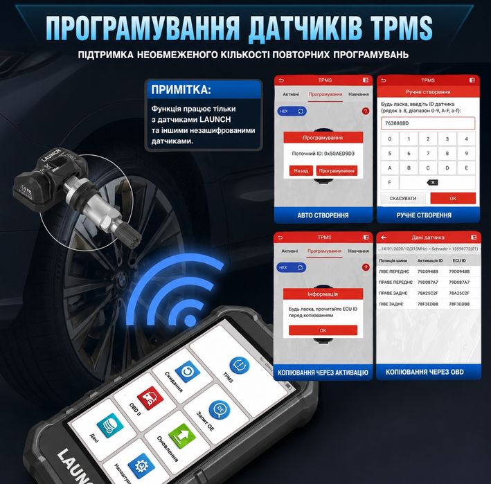 Launch Creader TPMS 5011 V2 | Програматор TPMS датчиків | OBD2 діагностика | 12 сервісних функцій