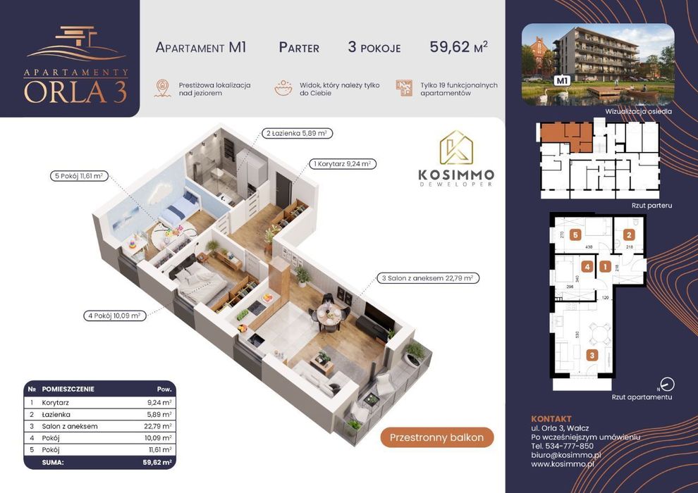 M01 APARTAMENTY Orla 3, Centrum,60 m2, 3 pok,Parter