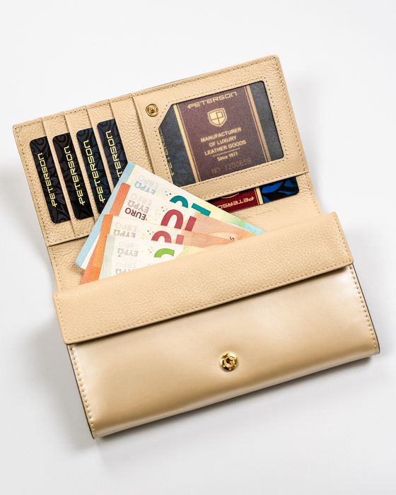 praktyczny portfel damski w kolorze beżowym z systemem rfid - peterson