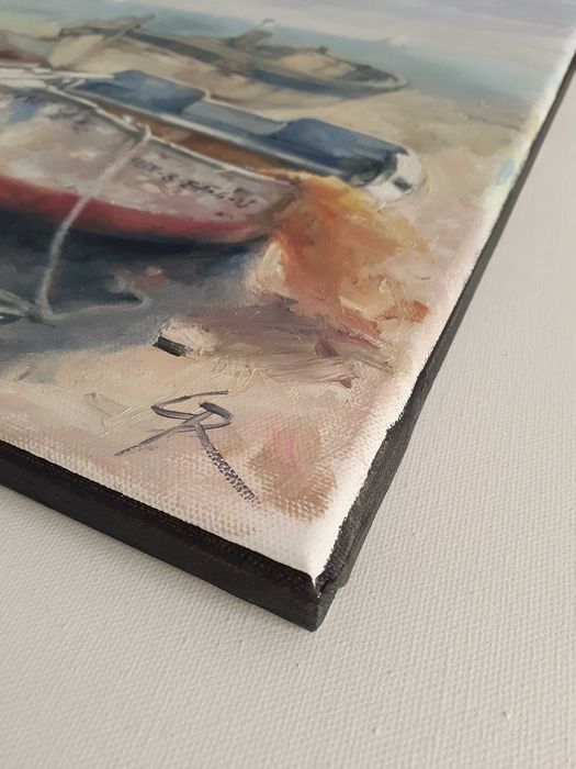 Łodzie na plaży. Obraz olejny na płótnie. 30 X 40 cm