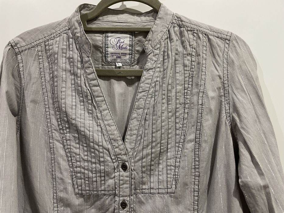 Koszula ze stójką dłuższa bluzka szara srebrna paski L