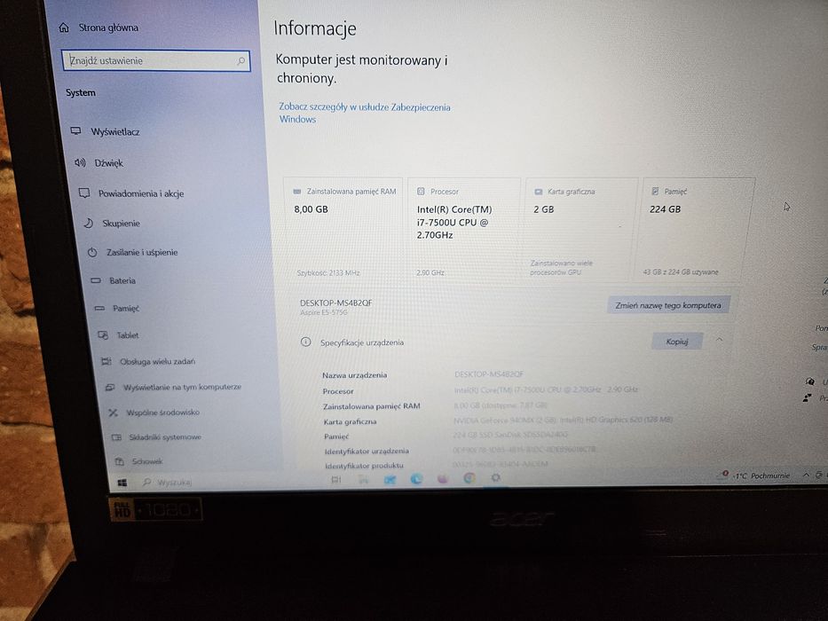 Acer aspire i7, 7gen. Nvidia bardzo zadbany