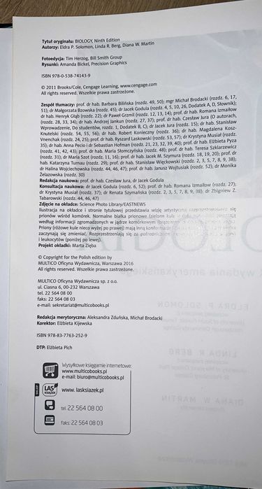 Biologia Solomon, Berg, Martin, wg IX wydania, 2016 rok wydania