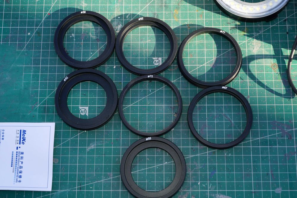 Flash Ring Led a pilhas com sete adaptadores 52 a 77 milímetros