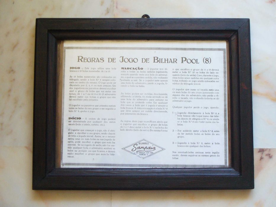 Quadro antigo com regras Pool 8 (Snooker)