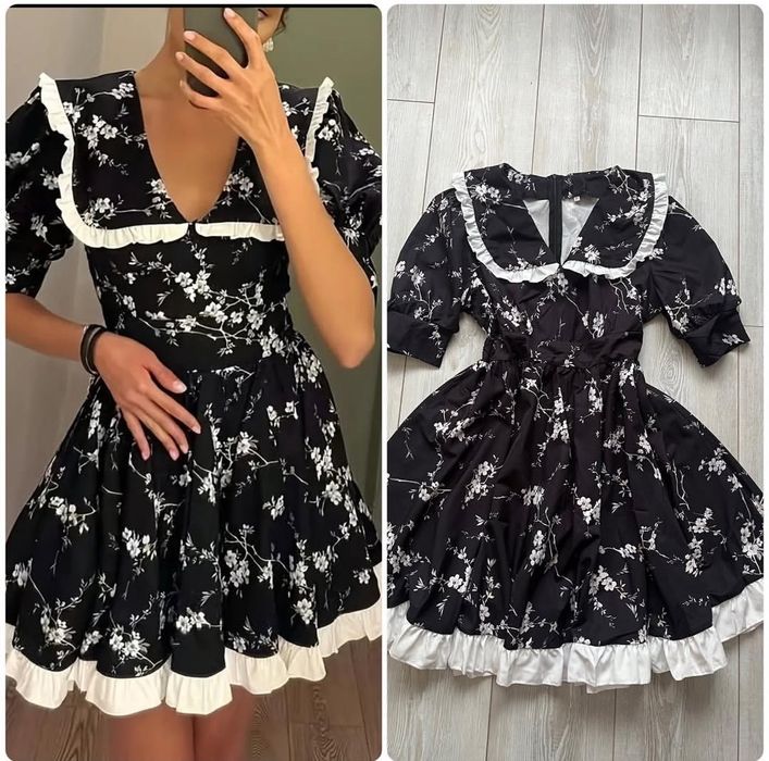 Urocza sukienka mini w kwiaty z bufkami i falbanami | Coquette / Vinta