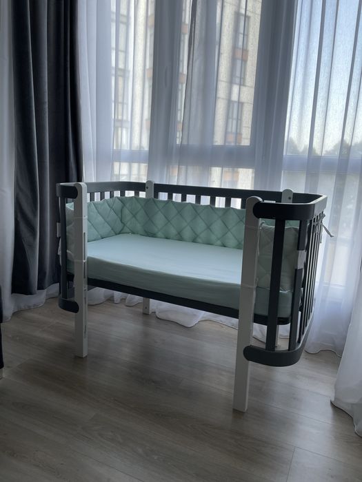 Ліжко дитяче верес монако графіт + білий з матрацем і бортиками