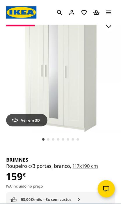 BRIMNES Roupeiro c/3 portas, branco, 117x190 cm